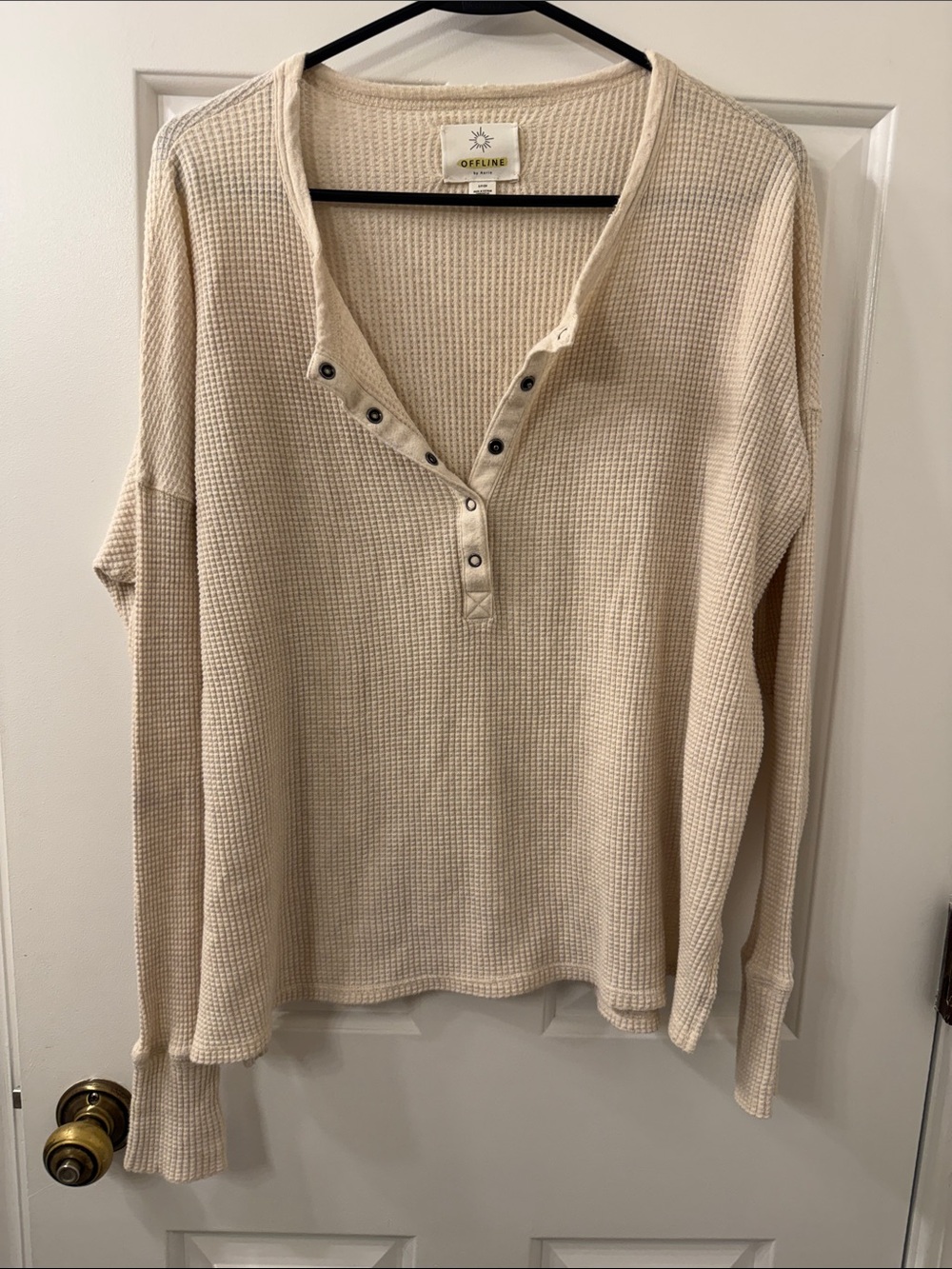 aerie Beige Waffle Henley Long-Sleeve Top